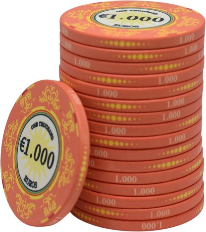 Mec Macau deluxe keramische cashgame poker chips €1.000 oranje (25 stuks) pokerchips pokerfiches poker fiches keramisch pokerspel pokerset poker set