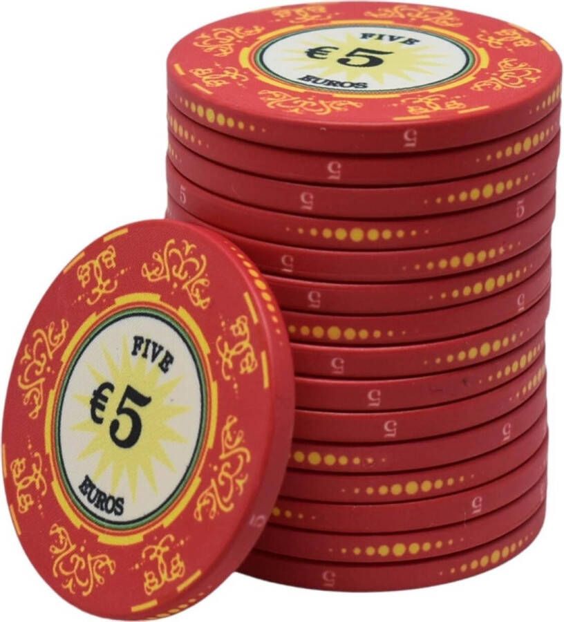 Mec Macau deluxe keramische cashgame poker chips €5 rood (25 stuks) pokerchips pokerfiches poker fiches keramisch pokerspel pokerset poker set