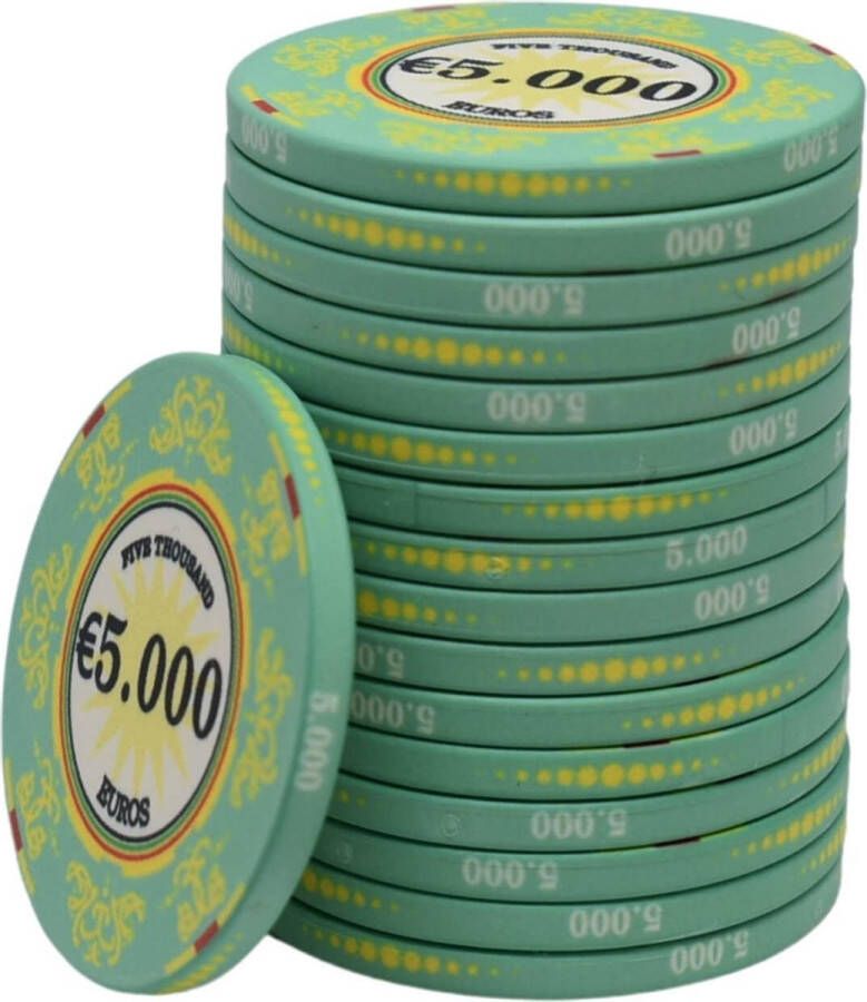 Mec Macau deluxe keramische cashgame poker chips €5.000 lichtgroen (25 stuks) pokerchips pokerfiches poker fiches keramisch pokerspel pokerset poker set