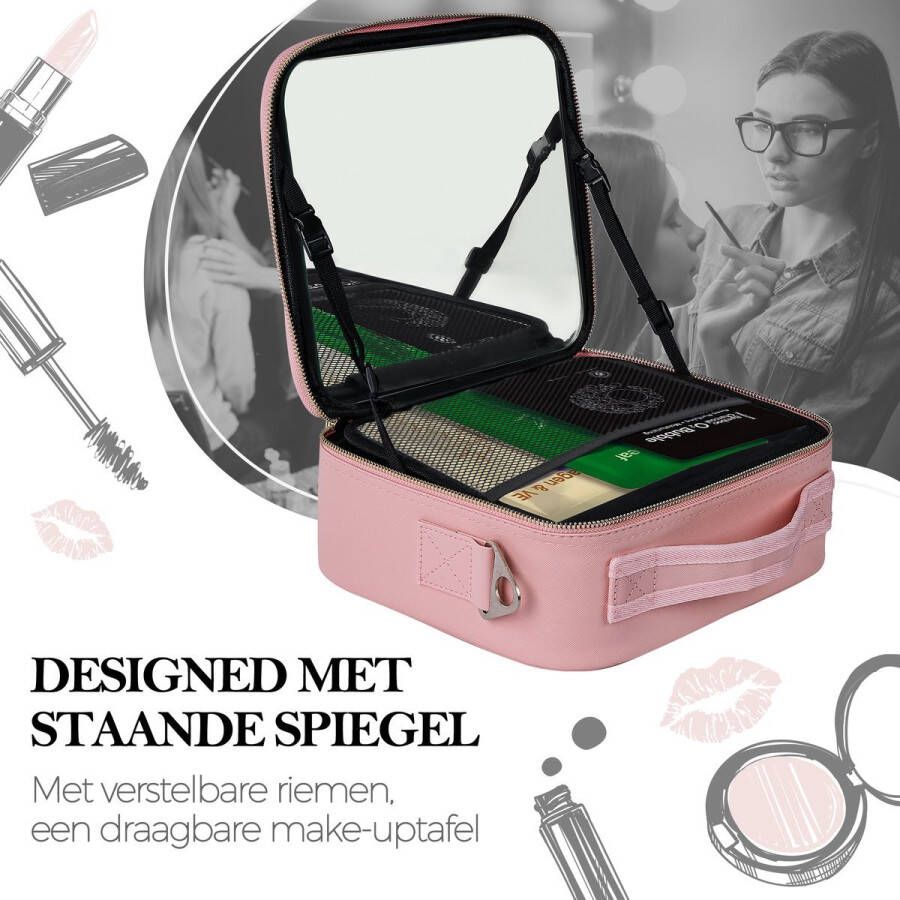 Merkloos Sans marque MAKE UP KOFFER Beautycase Make Up Koffer Spiegel – Organizer Beautycase & Opbergtas – Roze Make Up Reis Koffer.