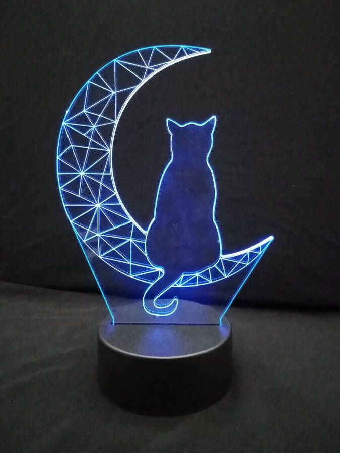 Merkloos Sans marque Nachtlamp 'Kat in maanlicht' LED lamp 3D Illusion 7 kleuren en 4 effecten