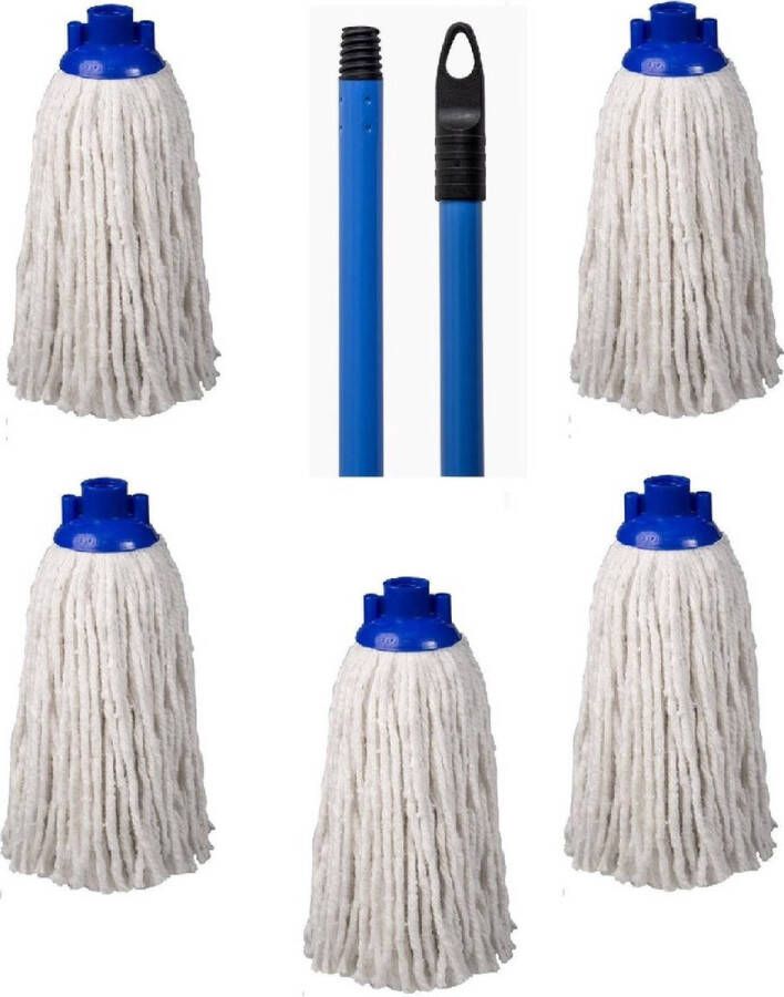 Merkloos Sans marque Navulling vloermop mop met steel blauw 5 dweilen met 1 dweilstok