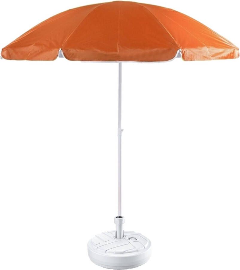 Oranje lichtgewicht strand tuin basic parasol van nylon 200 cm + vulbare parasolvoet wit van plastic