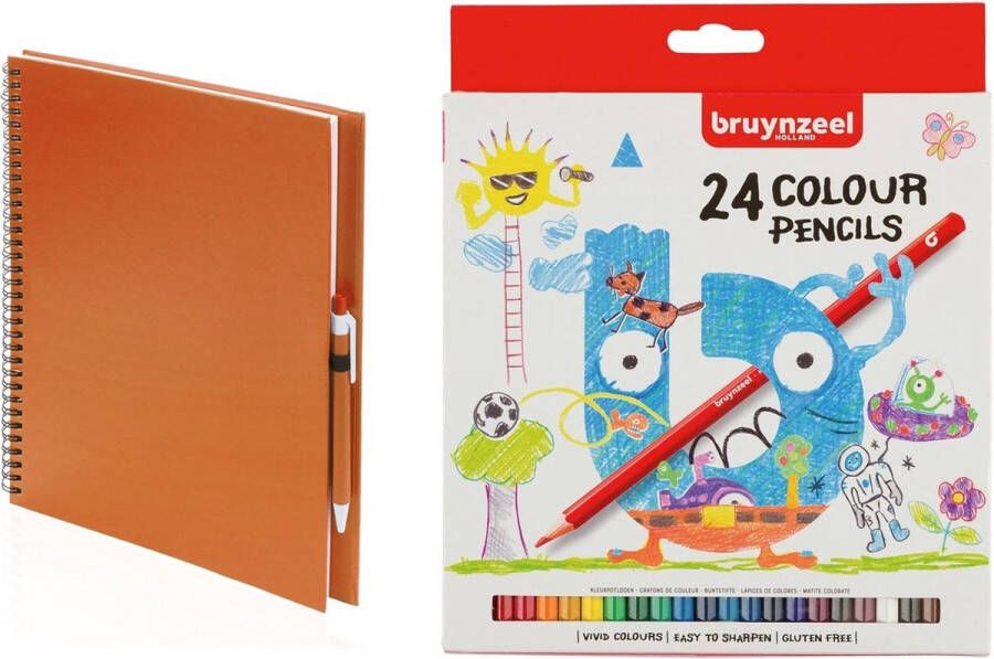 Merkloos Sans marque Oranje schetsboek tekenboek met 24 kleurpotloden Tekenen kleuren