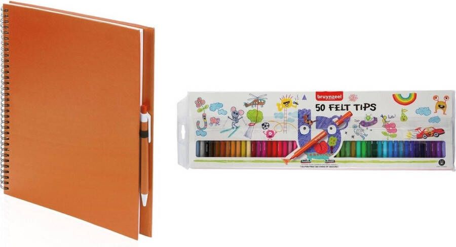 Merkloos Sans marque Oranje schetsboek tekenboek met 50 viltstiften Tekenen kleuren