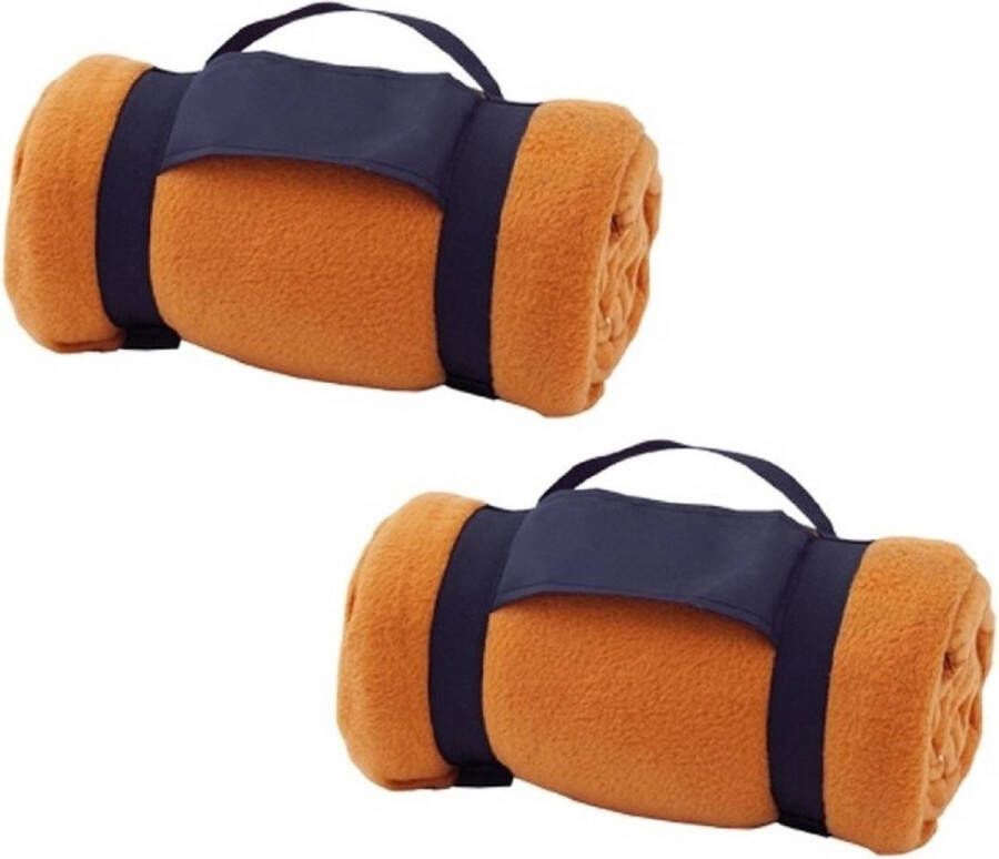 Merkloos Sans marque Pakket van 5x stuks fleece dekens plaids oranje met afneembaar handvat 160 x 130 cm warme bank dekens
