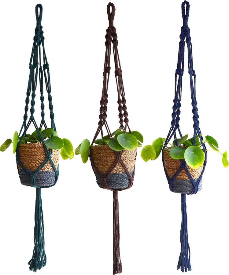Merkloos Sans marque Pandi Macramé Stevige Plantenhangers Mix van 3 hangers met donkere kleuren Blauw Groen Bruin
