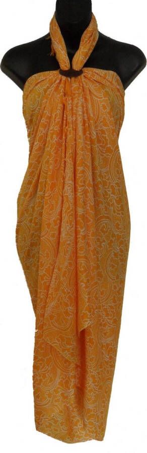 Merkloos Sans marque Pareo sarong hamamdoek saunadoek wikkeldoek lengte 115 cm breedte 165 cm bloemen kleuren oranje wit versierd met franjes.