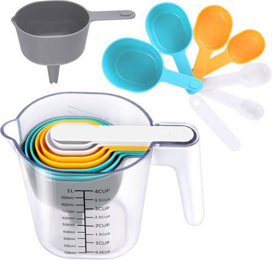 Merkloos Sans marque Plastic Maatbeker met Maatcups Set – 1 Liter – Bakken en Koken – Keukengerei – 9 delig Maatlepels