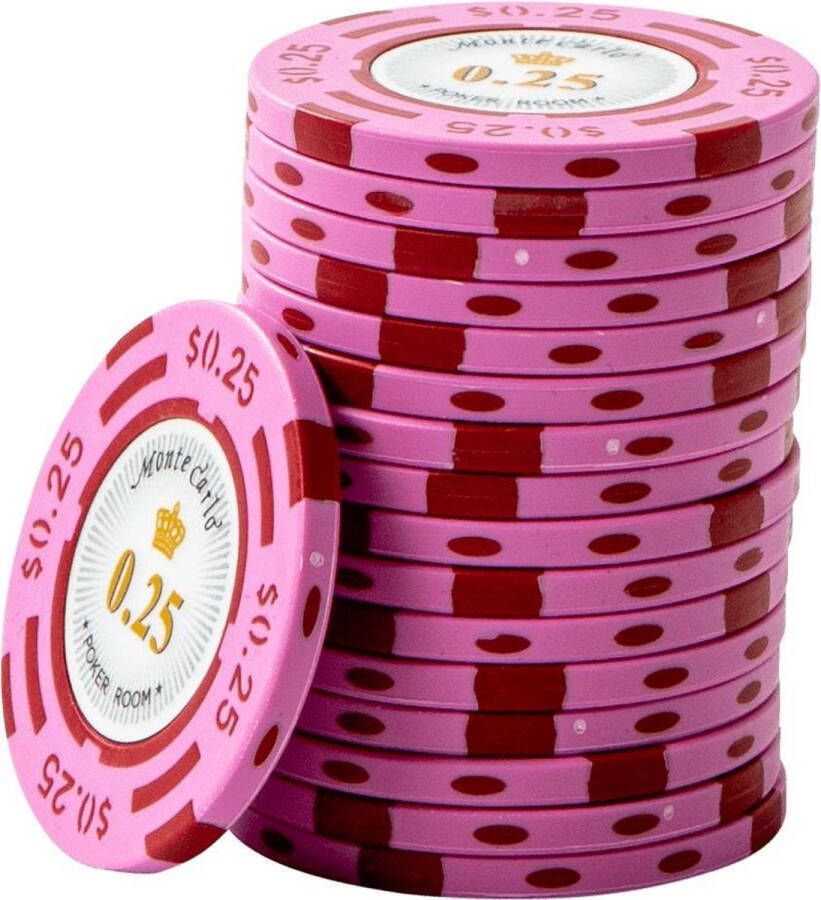 Monte Carlo poker Chips 0 25 roze (25 stuks) pokerchips pokerfiches poker fiches clay chips pokerspel pokerset poker set
