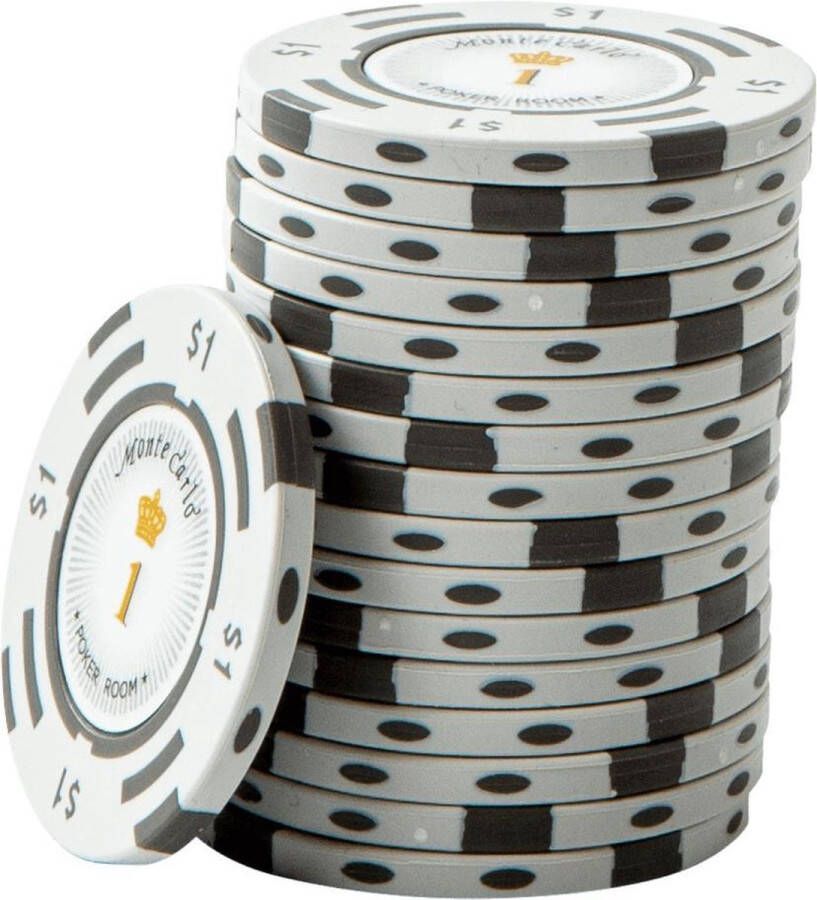 Monte Carlo poker Chips 1 wit (25 stuks) pokerchips pokerfiches poker fiches clay chips pokerspel pokerset poker set