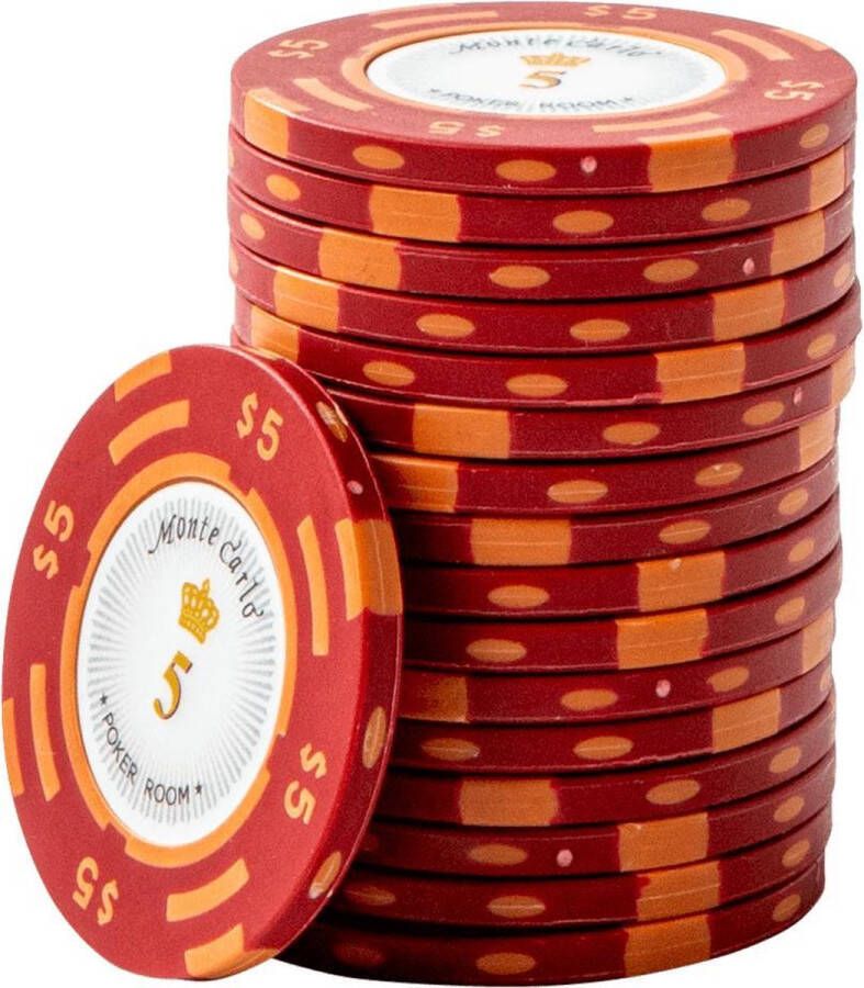 Monte Carlo poker Chips 5 rood (25 stuks) pokerchips pokerfiches poker fiches clay chips pokerspel pokerset poker set