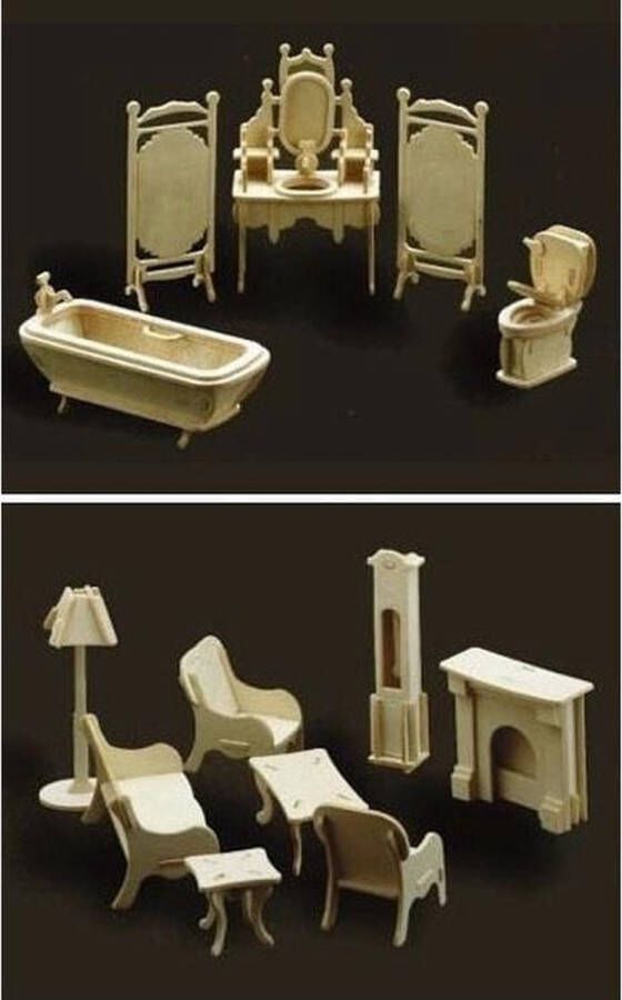 Merkloos Sans marque Poppenhuis meubels set huiskamer en badkamer Bouwpakket