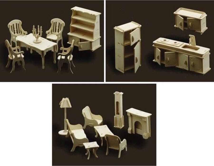 Merkloos Sans marque Poppenhuis meubels set keuken huiskamer en eetkamer Bouwpakket
