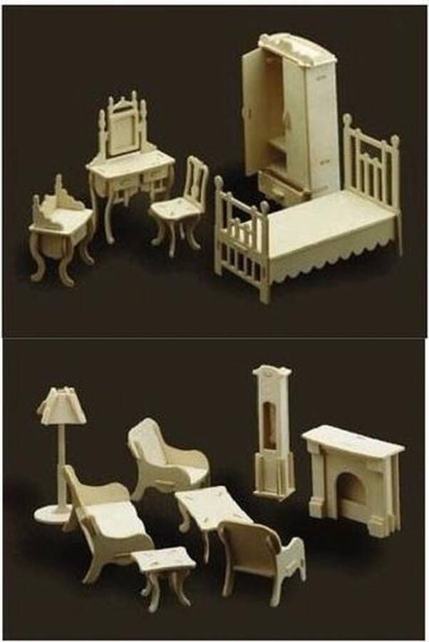 Merkloos Poppenhuis meubels slaapkamer en woonkamer