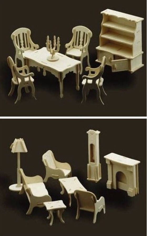 Merkloos Sans marque Poppenhuis meubels meubeltjes set huiskamer en eetkamer Bouwpakketten kleine meubels inrichting Vanaf 6 jaar