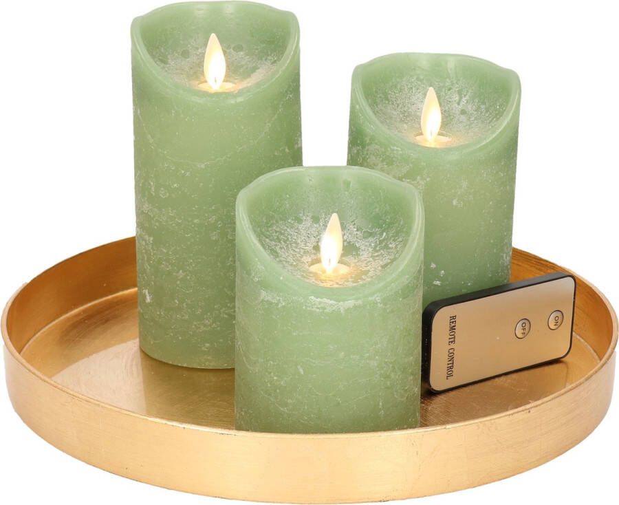 Merkloos Sans marque Ronde kaarsenplateau goud van kunststof D27 cm met 3 jade groene LED-kaarsen 10 12 5 15 cm Tafeldecoratie