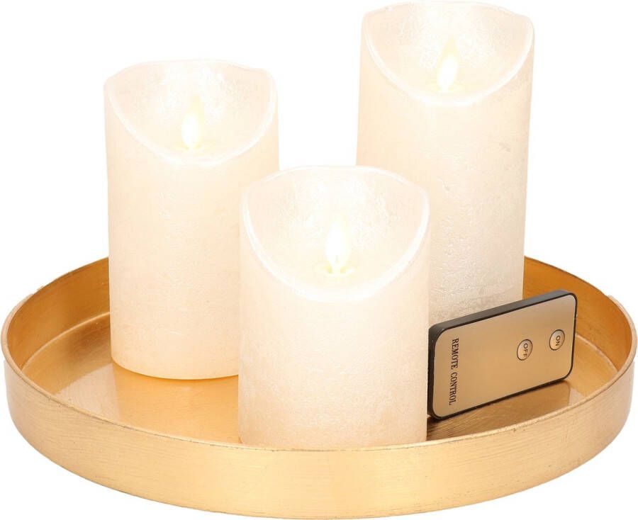 Merkloos Sans marque Ronde kaarsenplateau goud van kunststof D27 cm met 3 parel witte LED-kaarsen 10 12 5 15 cm Tafeldecoratie