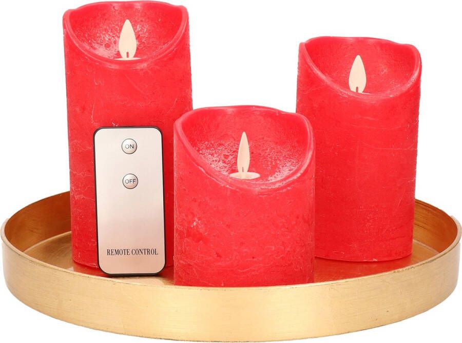Merkloos Sans marque Ronde kaarsenplateau goud van kunststof D27 cm met 3 rode LED-kaarsen 10 12 5 15 cm Tafeldecoratie
