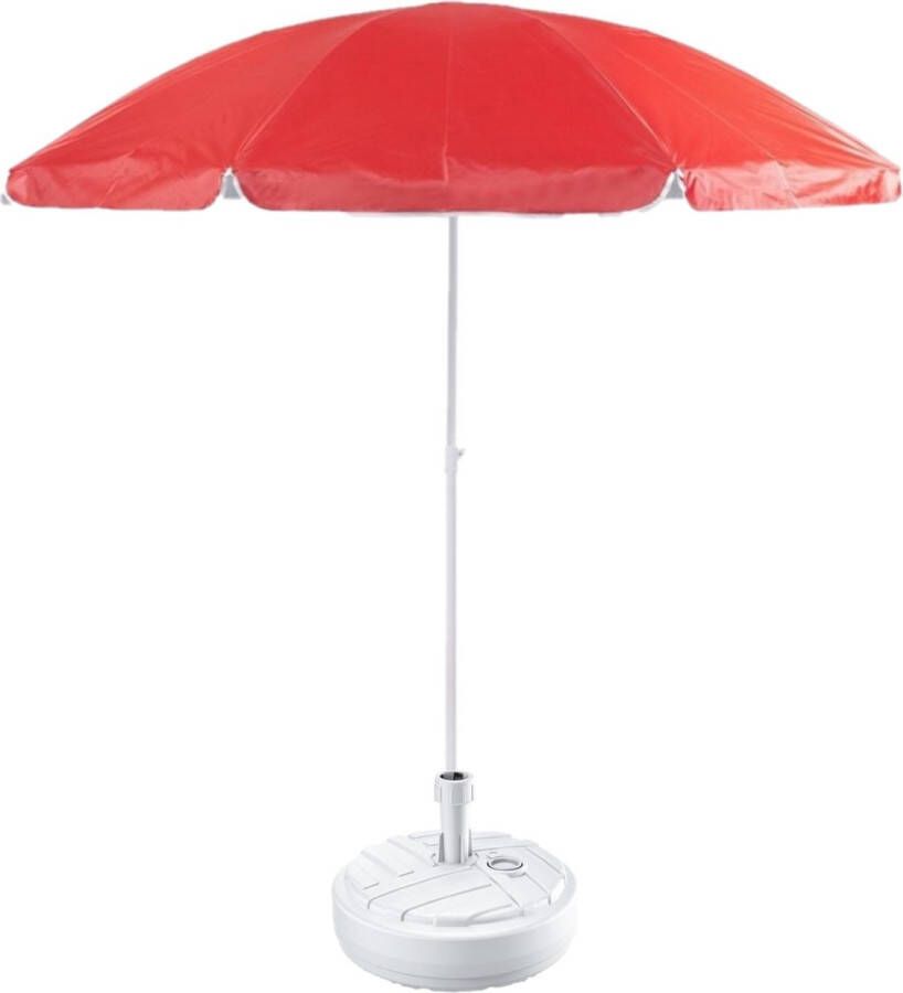 Rood lichtgewicht strand tuin basic parasol van nylon 200 cm + vulbare parasolvoet wit van plastic