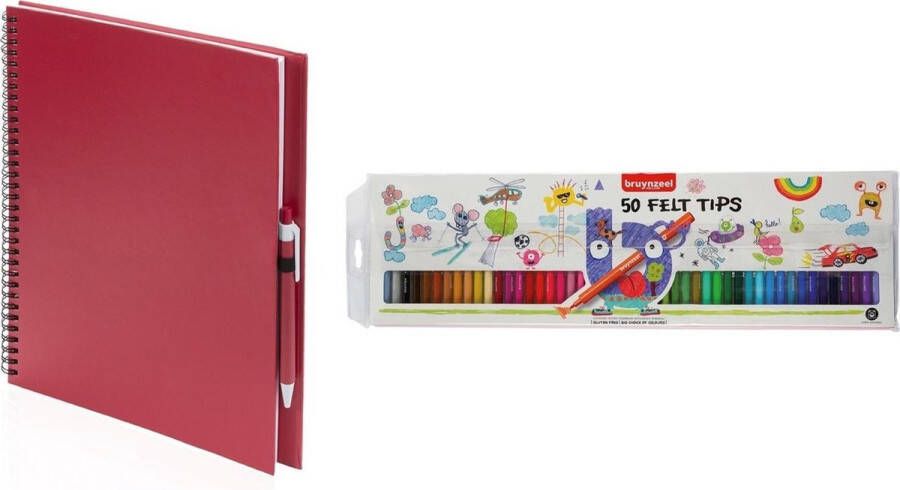 Merkloos Sans marque Rood schetsboek tekenboek met 50 viltstiften Tekenen kleuren