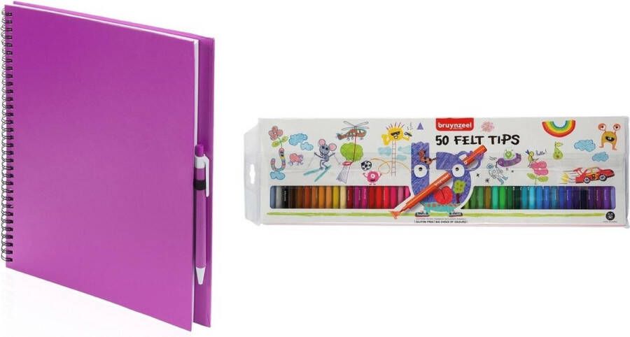 Merkloos Sans marque Roze schetsboek tekenboek met 50 viltstiften Tekenen kleuren
