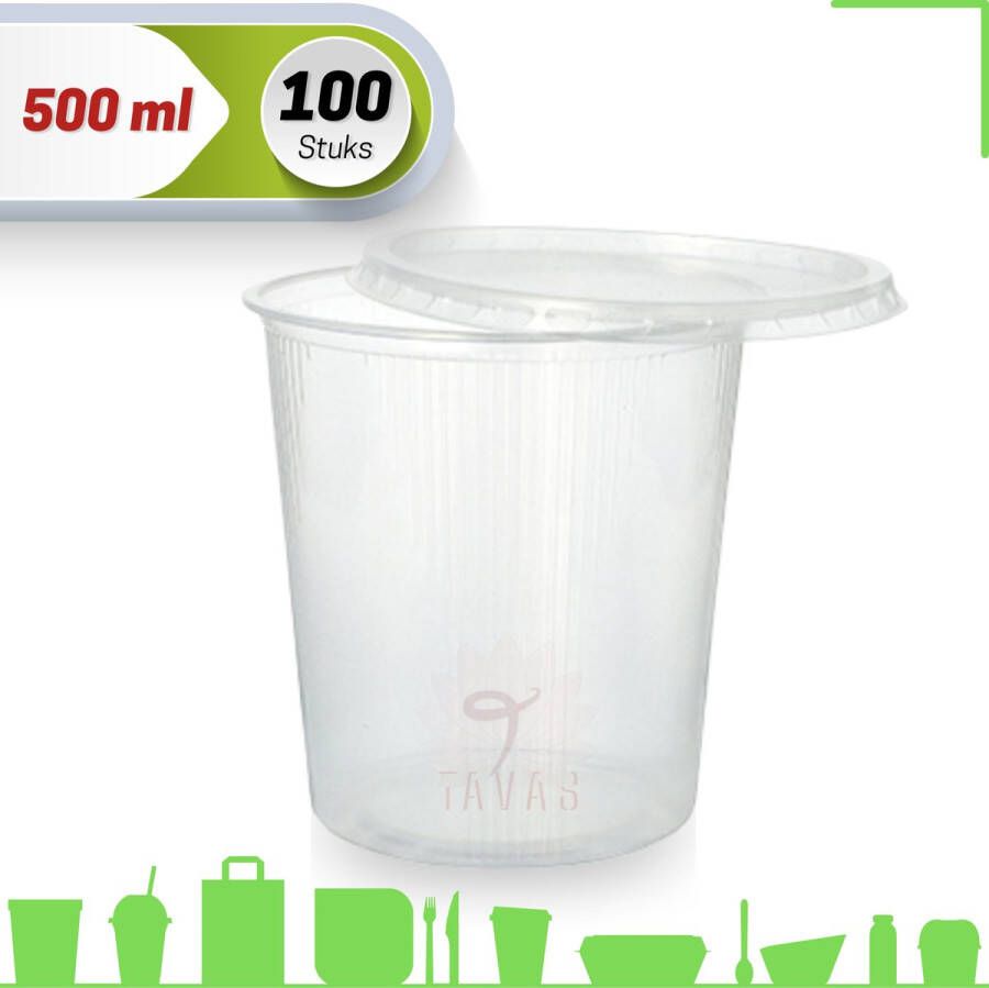 Merkloos Sans marque Saus en Saladebakje met deksel | 100 Stuks | Rond | Sausbakje | 500 ml 500 cc Ø100mm | Transparant