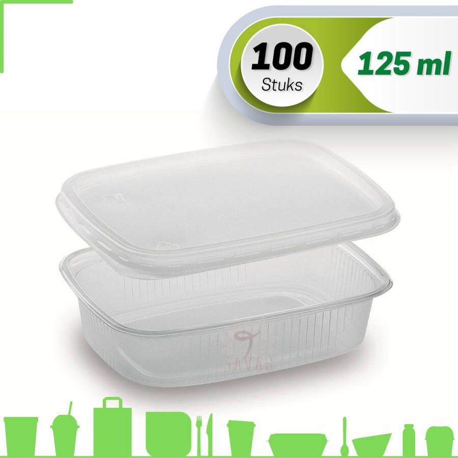 Merkloos Sans marque Saus en Saladebakje met deksel 125 cc | 100 Stuks | Rechthoekig | PP | Sausbakje | Transparant