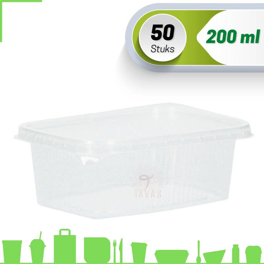 Merkloos Sans marque Saus en Saladebakje met deksel | 50 Stuks | Rechthoekig | Sausbakje | 200ml 200cc | Transparant