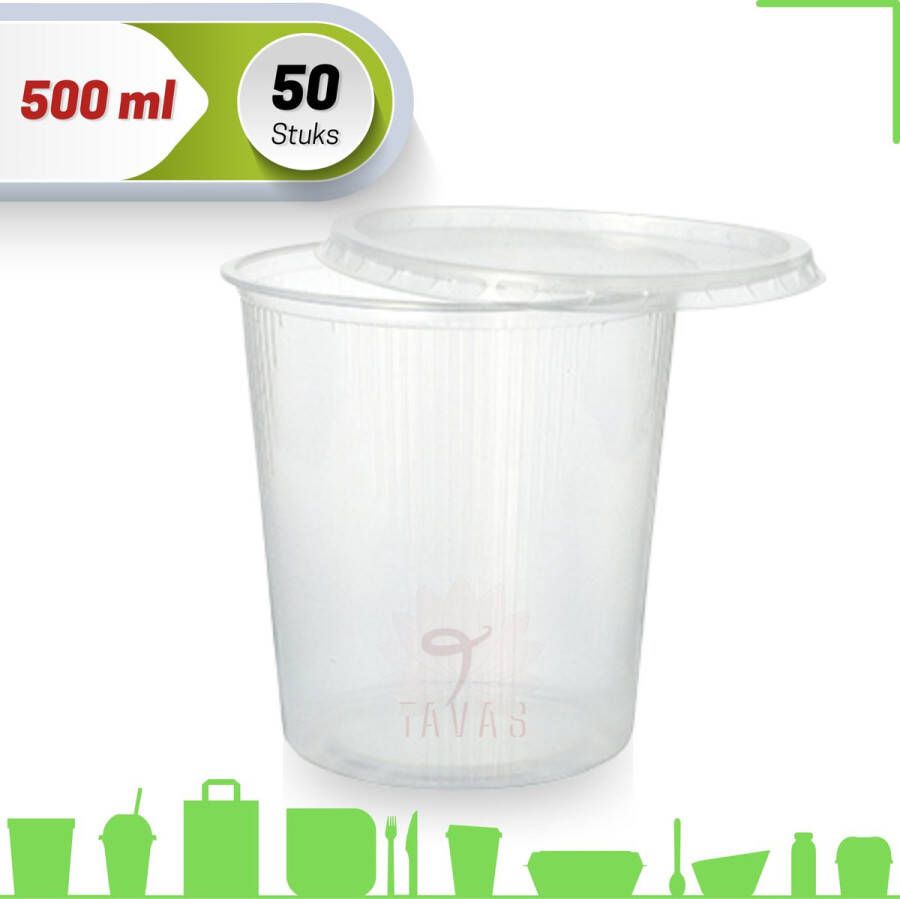 Merkloos Sans marque Saus en Saladebakje met deksel | 50 Stuks | Rond | Sausbakje | 500 ml 500 cc Ø100mm | Transparant
