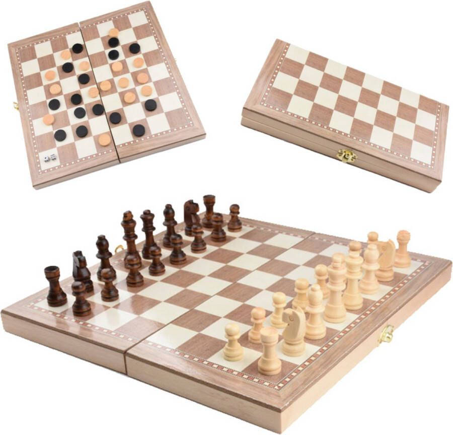 Merkloos Sans marque Schaakbord | Dambord | Backgammon | 29 x 29 cm | Schaakspel | Schaakset | Schaken | Dammen | Met Schaakstukken | 3-in-1 Bordspel | Chess | Hout | Opklapbaar