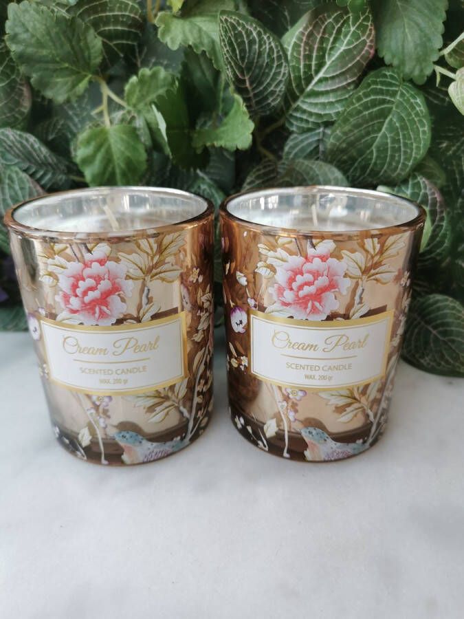 Set van 2 Geurkaarsen Cream Pearl in prachtig versierd glas versierd met bloemen en vogels
