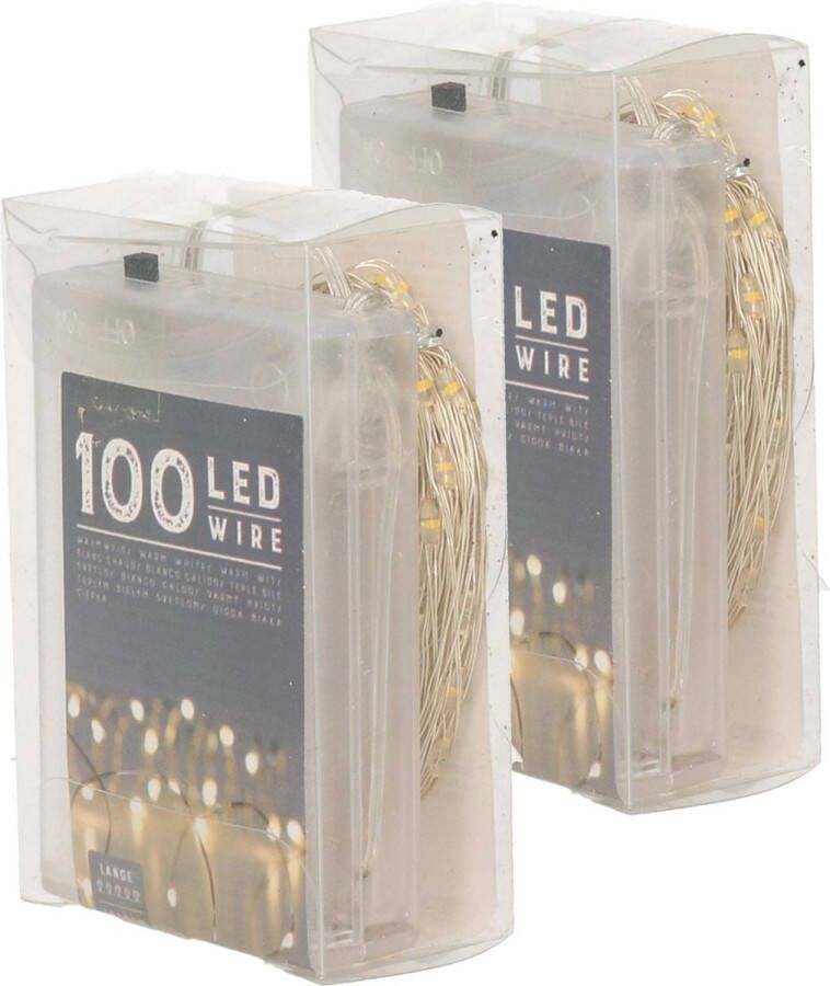 Merkloos Set van 2x stuks draadverlichting lichtsnoer met 100 lampjes warm wit op batterij 1000 cm Lichtsnoeren
