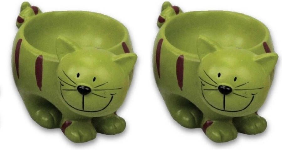 Merkloos Sans marque Set van 2x stuks eierdopjes kat poes groen 8.5 x 5 x 6 cm Gedekte tafel accessoires in katten thema