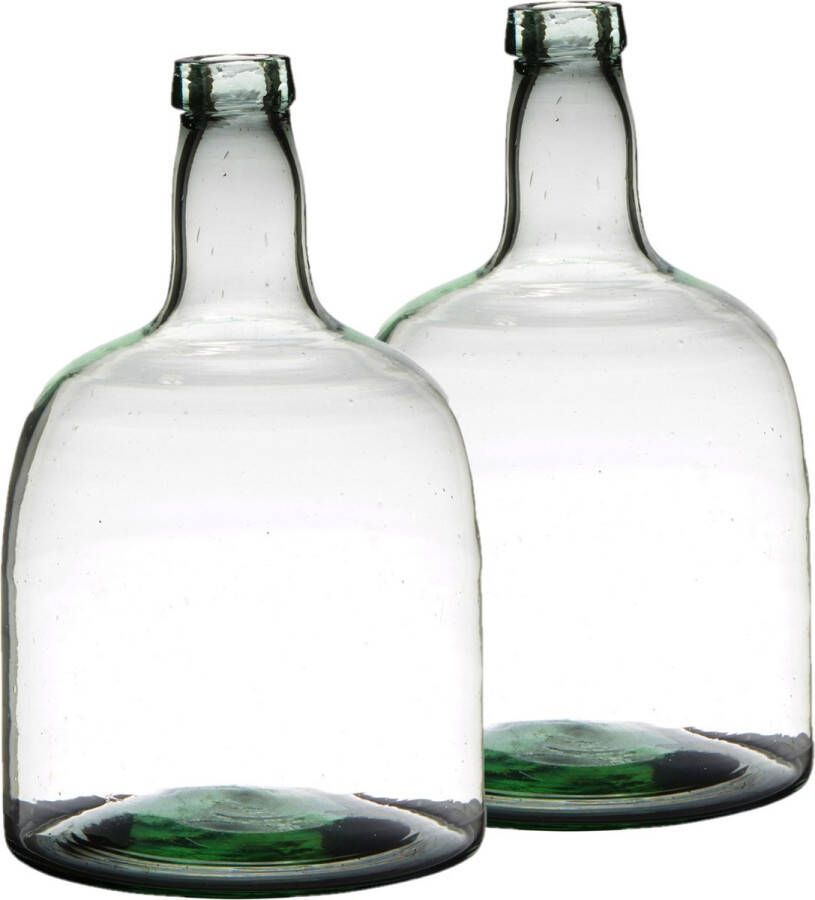 Bellatio Design Set van 2x stuks flessenhals bloemenvazen van mondgeblazen glas met hoogte 30 cm en diameter 19 cm