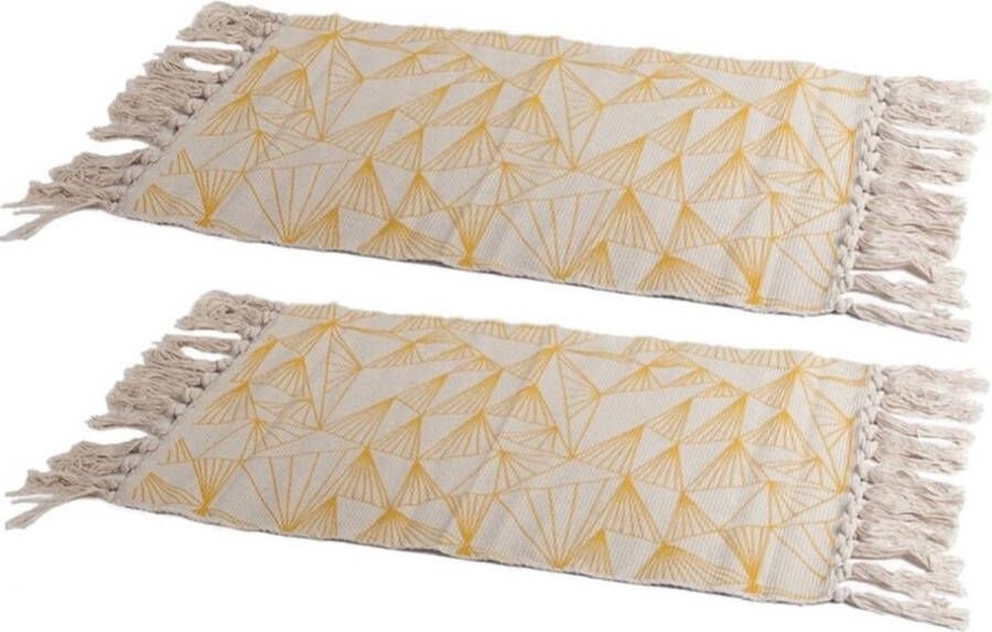 Merkloos Sans marque Set van 2x stuks gele naturel hammam stijl badmat 45 x 70 cm rechthoekig Geometrische print Badmatten Badkamerkleedje