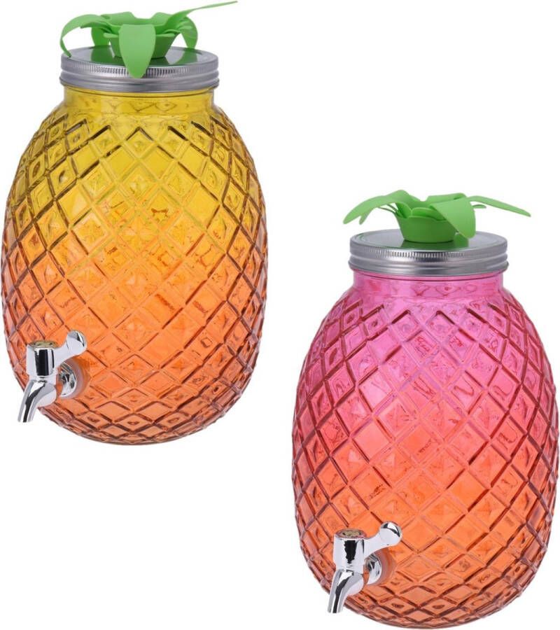Merkloos Sans marque Set van 2x stuks glazen drank dispensers ananas roze oranje en geel oranje 4 7 liter Dranken serveren Drankdispensers