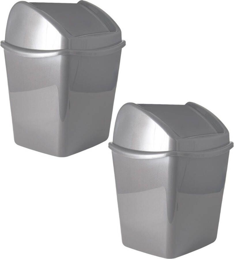 Merkloos Sans marque Set van 2x stuks grijze vuilnisbakken afvalbakken met klepdeksel 1 liter Kleine vuilnisbakjes afvalbakjes prullenbakjes