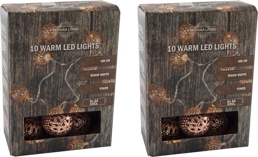 Merkloos Sans marque Set van 2x stuks lichtsnoer met 10 metalen balletjes koper op batterijen 100 cm Kerstverlichting sfeerverlichting