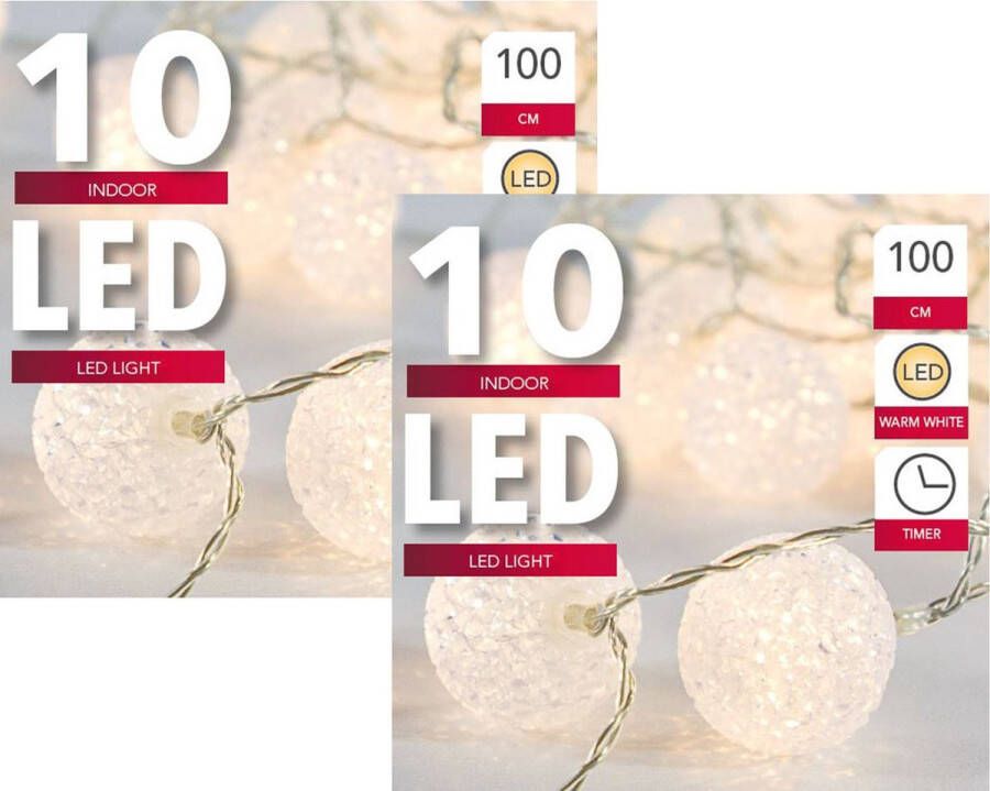 Merkloos Sans marque Set van 2x stuks lichtsnoer met 10 witte bolletjes warm wit op batterij met timer 135 cm Kerstverlichting