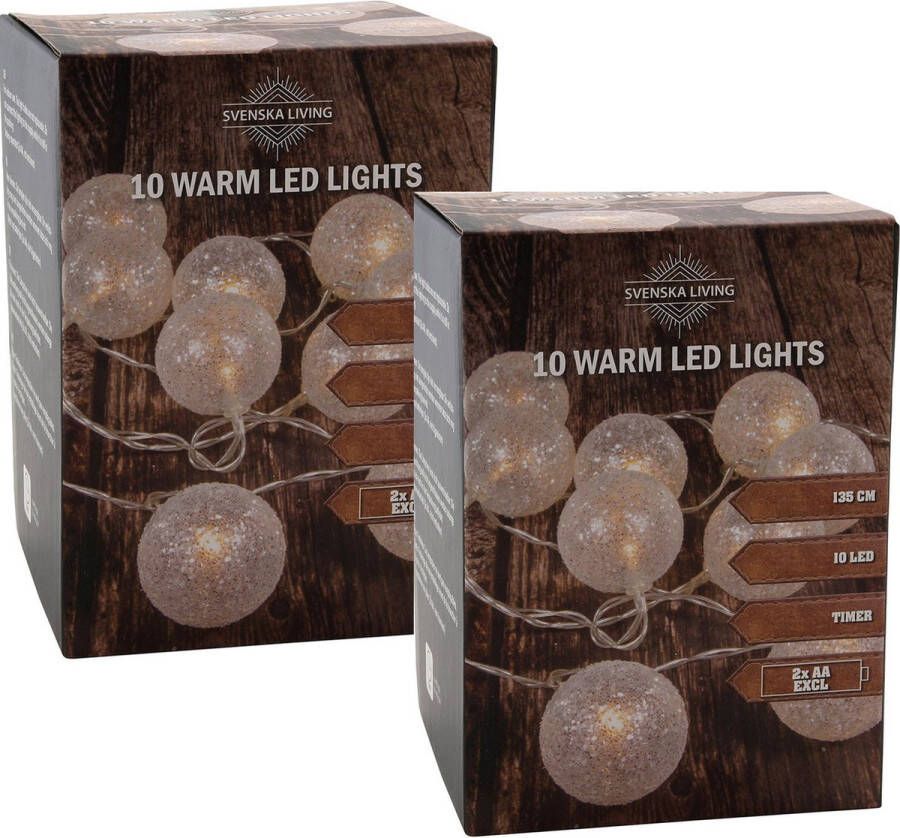 Merkloos Sans marque Set van 2x stuks lichtsnoer met 10 witte glitter bolletjes warm wit op batterij 135 cm Kerstverlichting