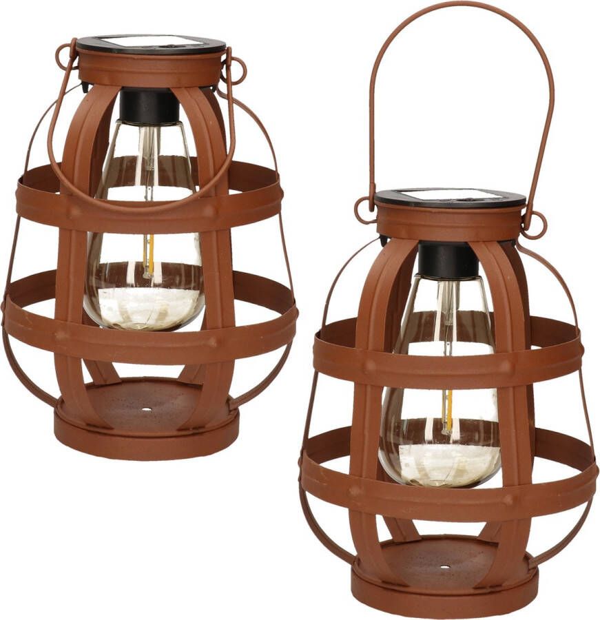 Merkloos Sans marque Set van 2x stuks solar lantaarn metaal roest bruin met hengsel 18 5 cm Tuinlantaarns Solarverlichting Tuinverlichting