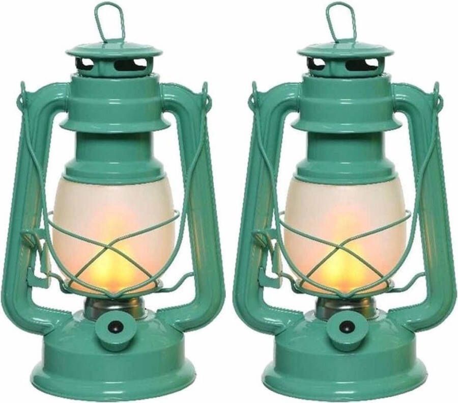 Merkloos Sans marque Set van 2x stuks turquoise blauwe LED licht stormlantaarns 24 cm met vlam effect Campinglamp campinglicht Vuur LED lamp