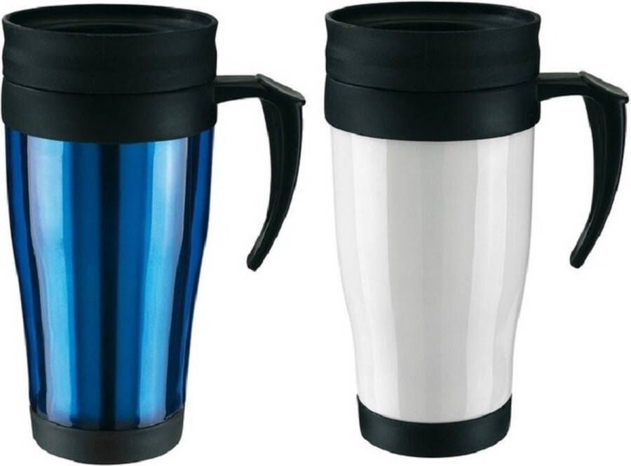 Merkloos Sans marque Set van 2x Thermosbekers warmhoud bekers blauw en wit 400 ml Isolerende drinkbekers voor koffie thee
