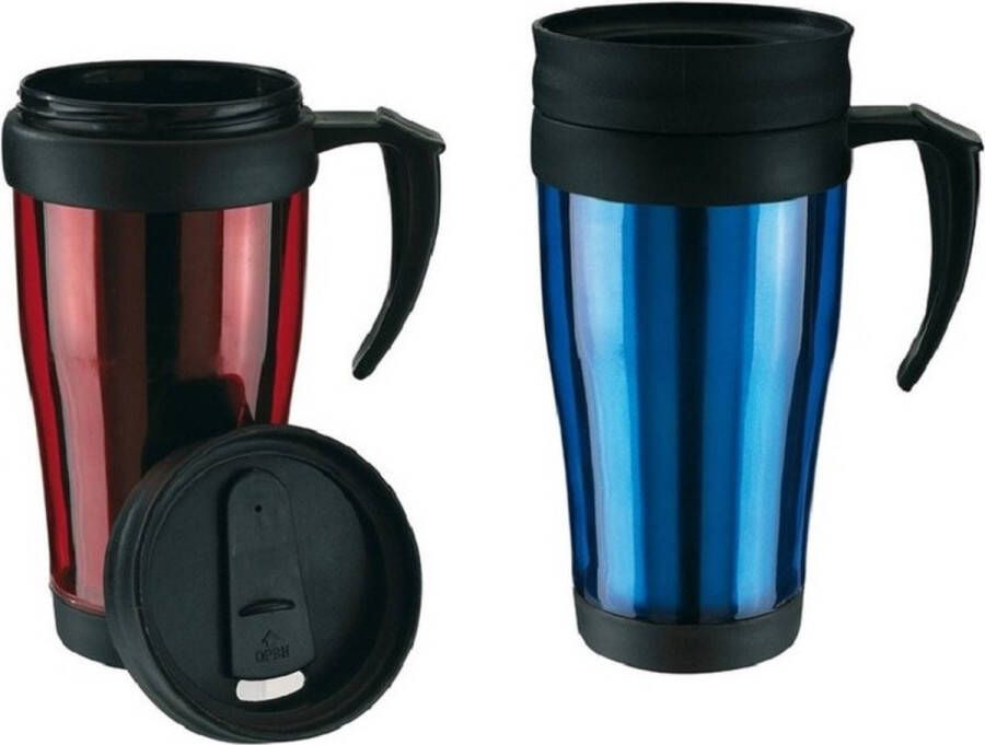 Merkloos Sans marque Set van 2x Thermosbekers warmhoud bekers rood en blauw 400 ml Isolerende drinkbekers voor koffie thee