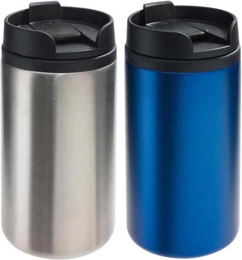 Merkloos Sans marque Set van 2x Thermosbekers warmhoud bekers zilver en blauw 290 ml Isolerende drinkbekers