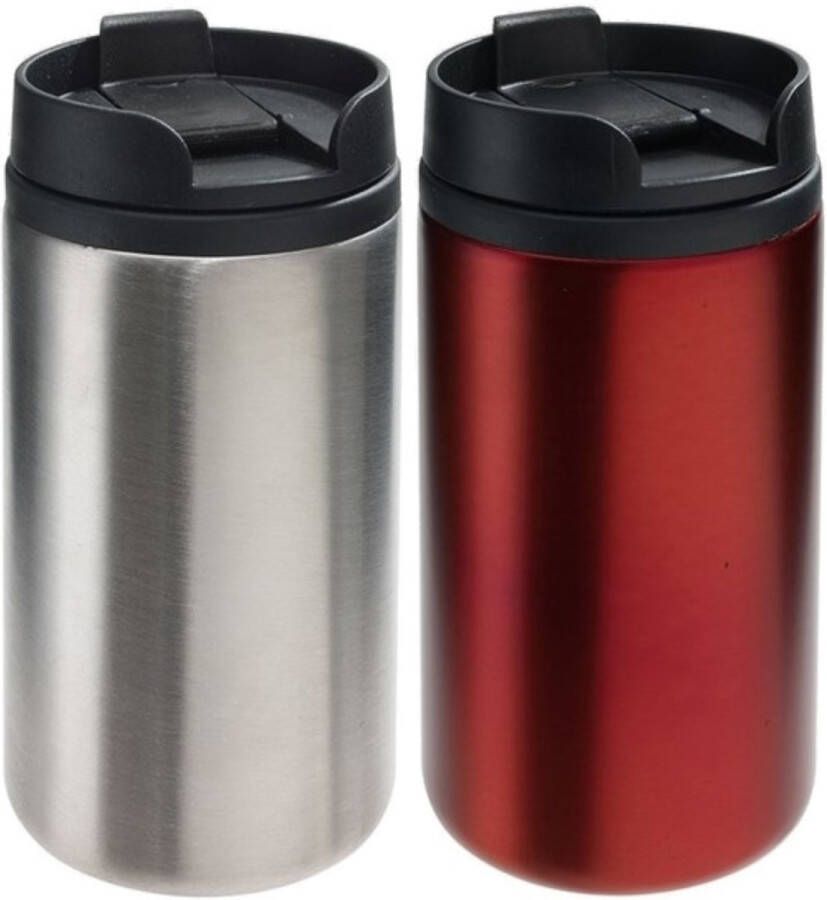 Merkloos Sans marque Set van 2x Thermosbekers warmhoud bekers zilver en rood 290 ml Isolerende drinkbekers
