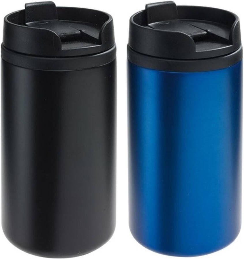 Merkloos Sans marque Set van 2x Thermosbekers warmhoud bekers zwart en blauw 290 ml Isolerende drinkbekers