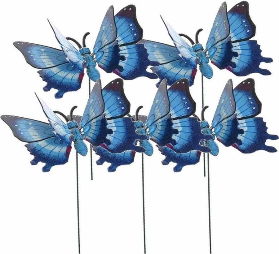 Merkloos Sans marque Set van 5x stuks metalen vlinder blauw 11 x 70 cm op steker Tuindecoratie vlinders Dierenbeelden