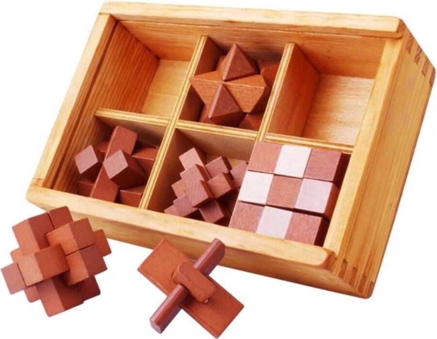 Merkloos Sans marque Set van 6 houten IQ puzzels Breinbrekers 3D puzzel